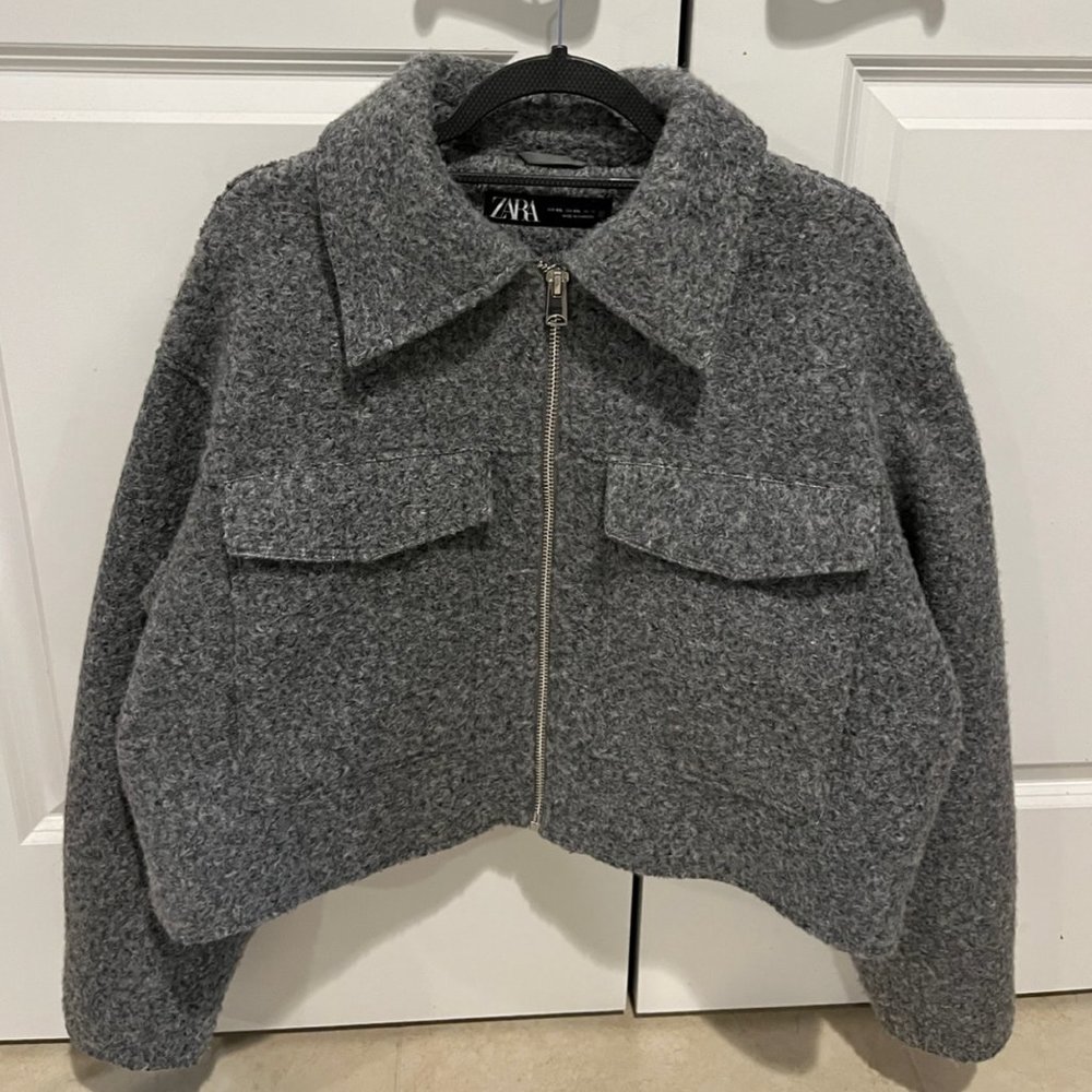 ZARA NEW WOMAN BOUCLÉ CROPPED JACKET GREY XXL